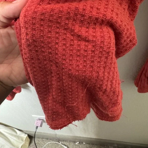 WE THE FREE Orange Waffle Knit Cowl Neck High Low Long Sleeve Top Women S - Picture 6 of 10